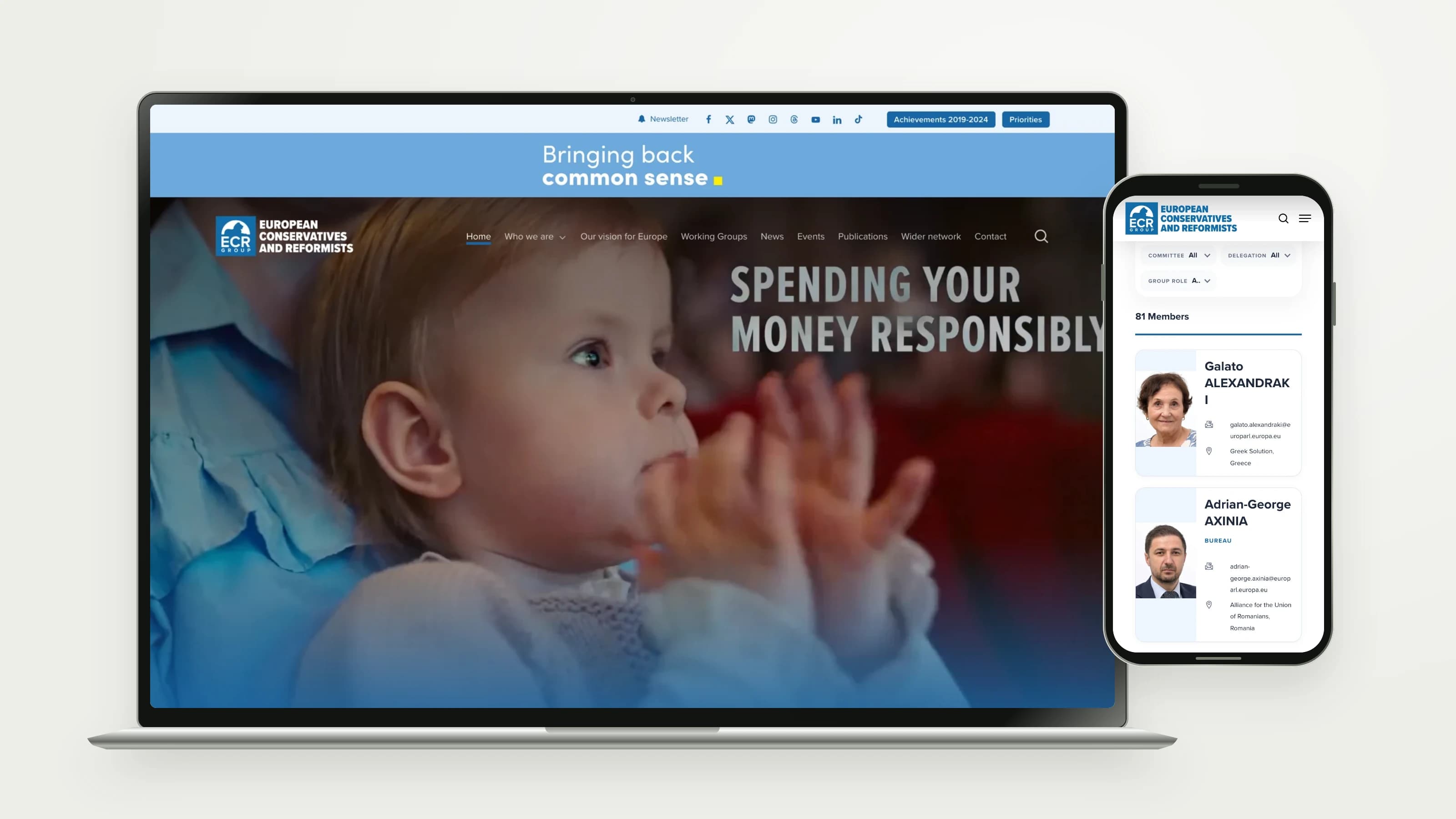 ECR Group — Institutional homepage and member directory on mobile