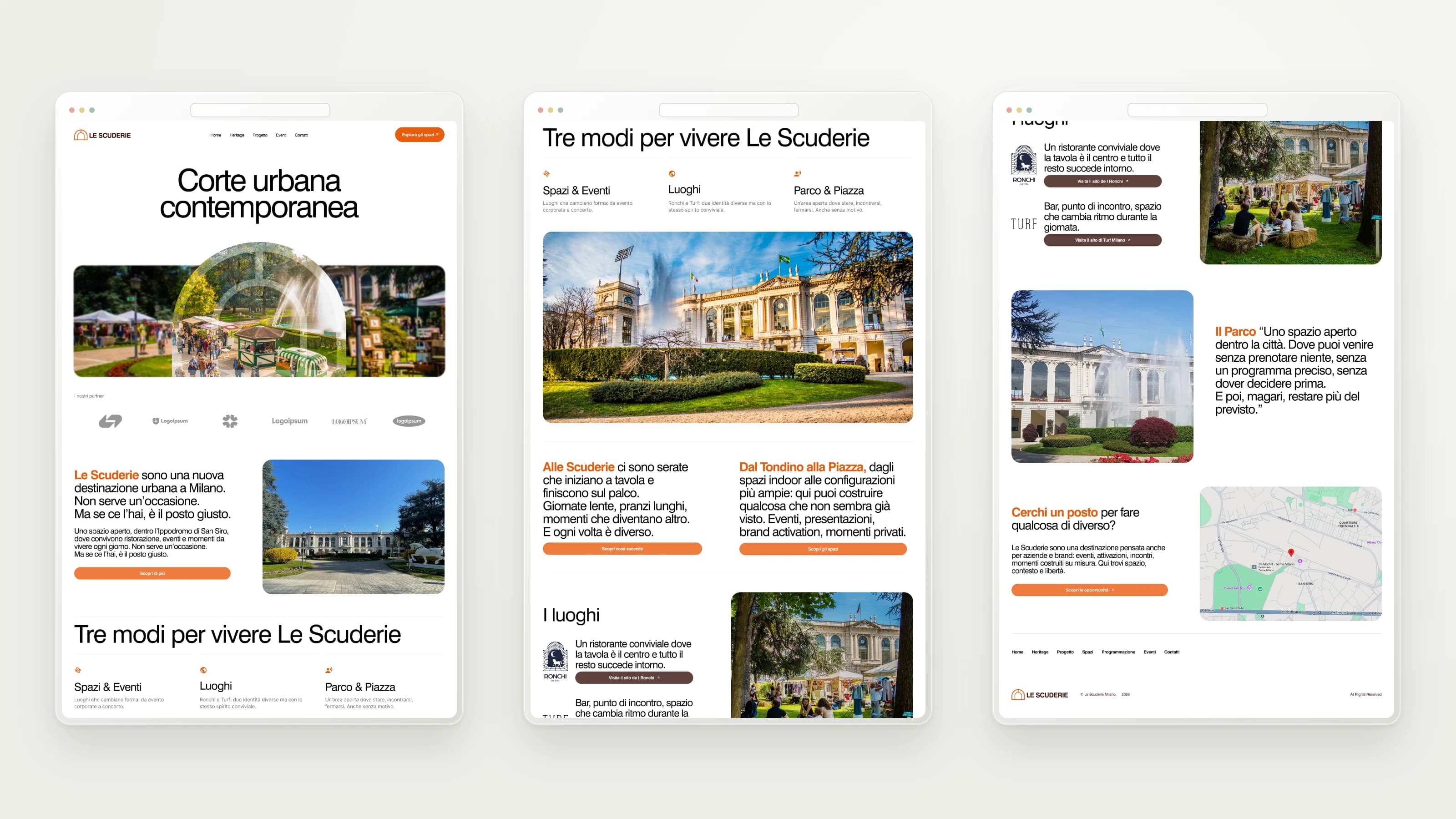 Le Scuderie Milano — Page layout, from introduction to spaces and contacts