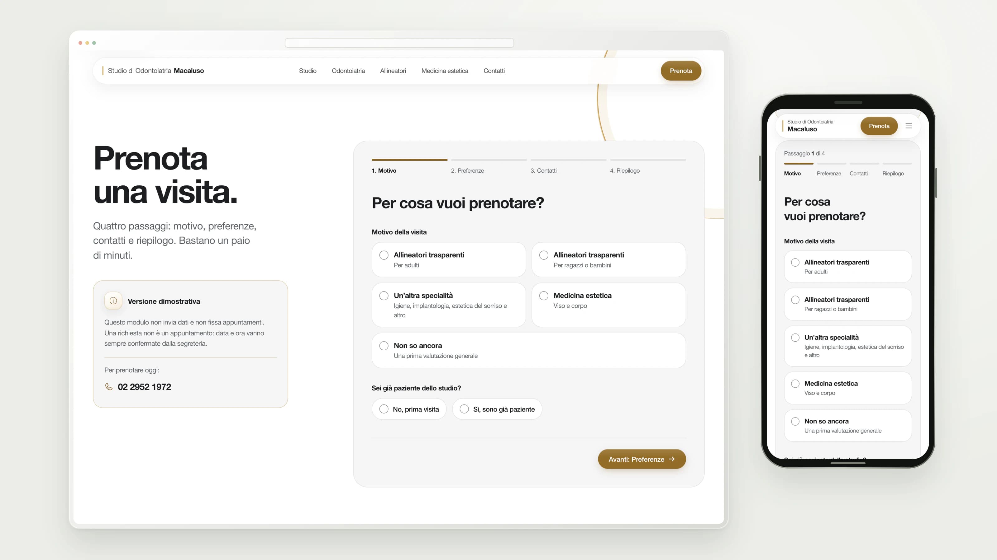 Studio Macaluso — Guided booking demo — desktop and mobile